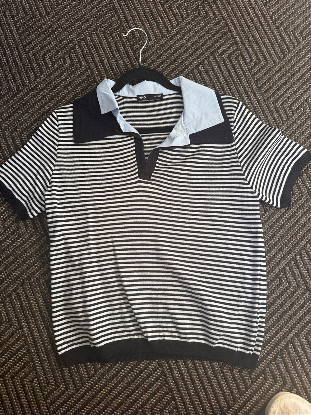 Mango Navy and White Striped Polo with Light Blue Collar